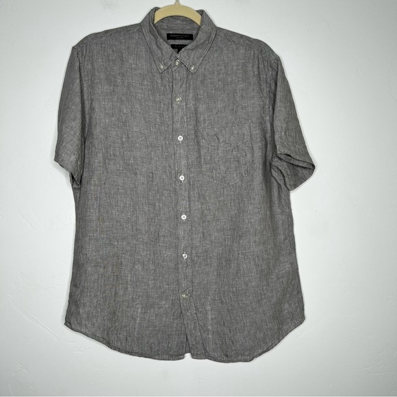 Banana Republic Light Gray Marled Button-Down Short Sleeve Shirt Slim Fit Linen - Picture 1 of 11